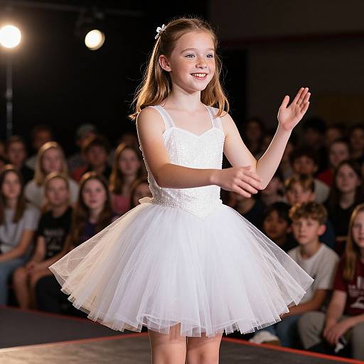 Photograph of a smiling young girl with light brown hair in a white tutu dress, waving on stage in front of a darkened audience.