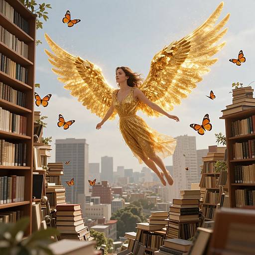 Photograph-like digital art: Golden-winged angel with flowing dress and large wings, surrounded by orange butterflies, floats between towering bookshelves in a