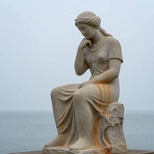 Photograph of a weathered stone statue of a sorrowful, head-scarf-wearing woman in a long dress, sitting on a rock by