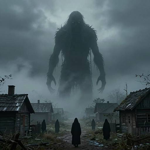 Photorealistic digital art: eerie, towering, shadowy monster with long hair looms over foggy, abandoned village; four robed figures walk