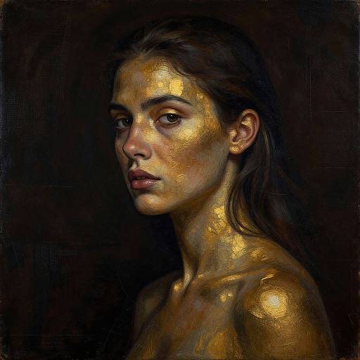 Digital painting of a young woman with a glowing, golden, metallic skin tone, dark brown hair, and serious expression, set against a black background.