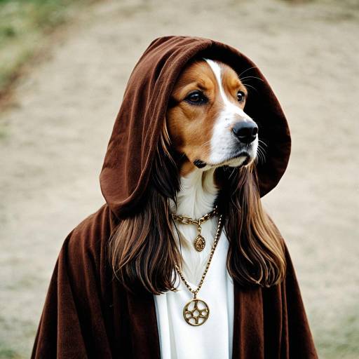Dog in Brown Hooded Robe with Jewelry