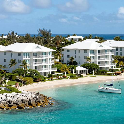 Photograph of a sunny tropical beachfront with white condos, clear turquoise water, a small white boat, and rocky shore. Palm trees and blue sky