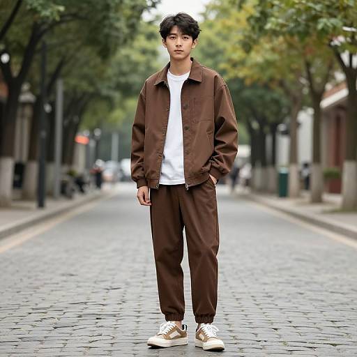 Boy in Brown Jacket on Cobblestone