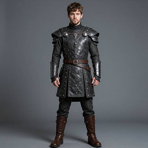 Photograph of a bearded man in black medieval-style leather armor with metal pauldrons, brown belt, and boots, standing against a gray studio