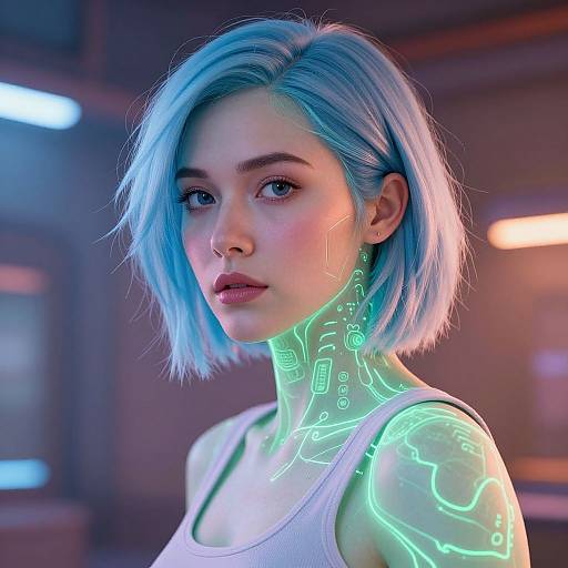 CGI portrait of a young woman with blue hair, glowing cybernetic patterns on her neck and shoulders, wearing a white tank top, in a
