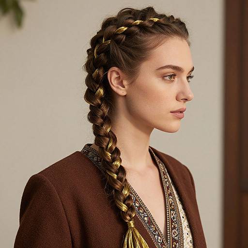 Photograph of a young woman with fair skin, brown hair in a long, intricate braid, wearing a brown top with a patterned neckline,