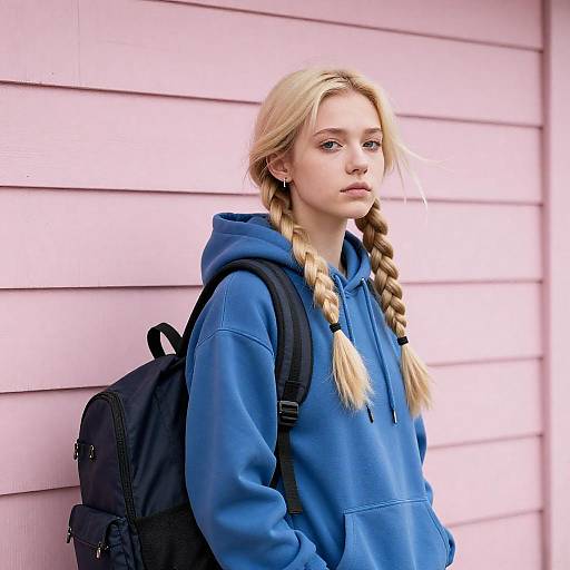 Blonde Woman in Blue Hoodie Portrait