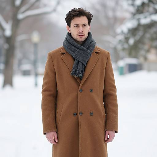 Photograph of a serious-looking man with dark curly hair, wearing a brown overcoat and gray scarf, standing in a snowy, blurred outdoor background.