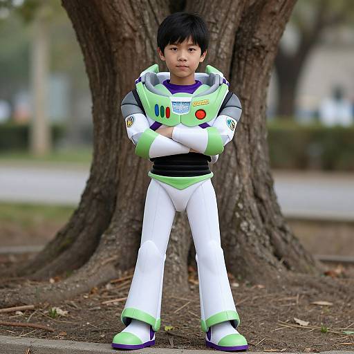 Young Asian boy in green and white space suit, arms crossed, standing in front of a large tree, park background.