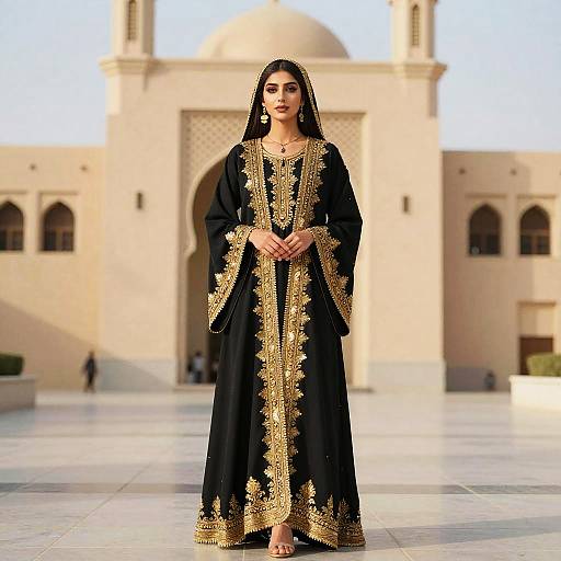 Elegant Woman in Black Gold Dress