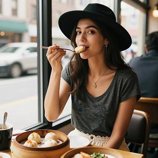Bohemian Chic Woman Enjoying Dim Sum
