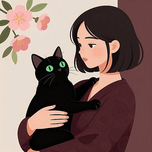 Elegant Woman with Black Cat Illustration