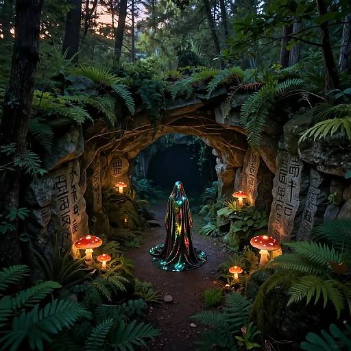 Mysterious, cloaked figure stands under glowing mushroom-lit archway in enchanted forest, surrounded by ferns and ancient stone carvings. Phot