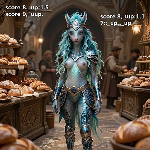 Digital art: Fantasy elf-like woman with blue skin, long turquoise hair, armored chest, and horns, stands in medieval bakery, surrounded by bread.
