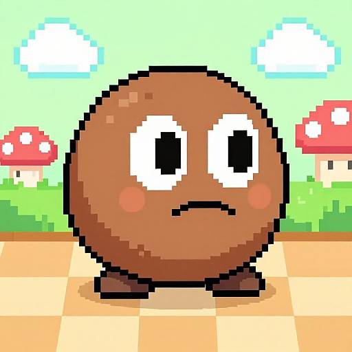 Pixel art of a brown, round, sad-faced mushroom with black eyes and blushing cheeks, standing on a checkered path with red mushrooms and blue