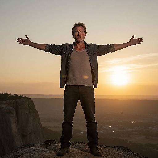 Photograph of a smiling man with curly hair, wearing a gray shirt and black jacket, standing with arms outstretched on a cliff at sunset,