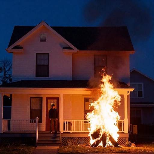 Dramatic Nighttime House Fire Scene