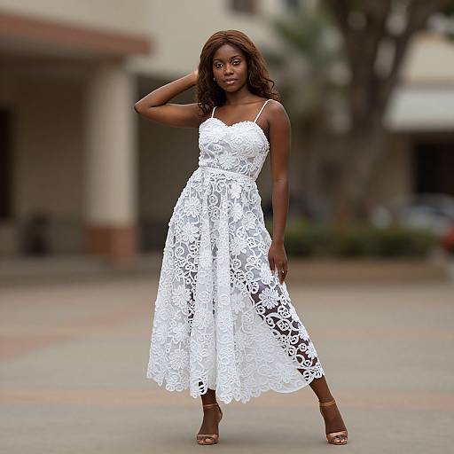Photograph of a Black woman with dark skin and curly hair, wearing a white lace, sleeveless dress and brown sandals, standing confidently in a blurred