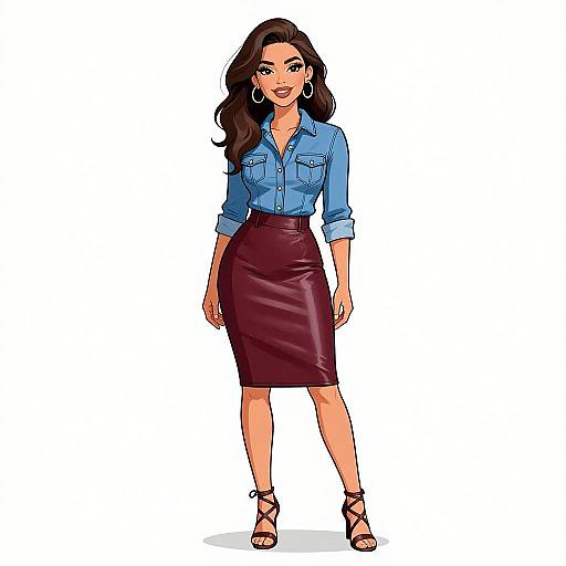Digital illustration of a confident woman with long brown hair, wearing a blue button-up shirt, maroon leather skirt, and black strappy sandals. She