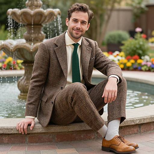 Photograph of a smiling man in a brown tweed suit, green tie, white shirt, and brown shoes, sitting by a multi-tiered fountain