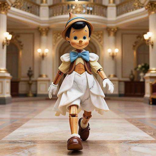 Reimagined Pinocchio in Marble Ball Gown Walking in Ballroom
