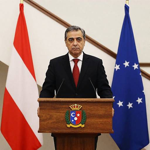 Serious Man in Suit at Podium