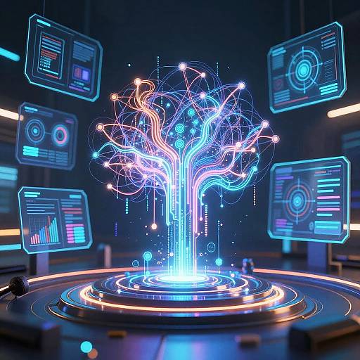 Digital CGI image of a glowing, neon tree with intricate, wireframe branches surrounded by floating holographic screens in a futuristic lab.