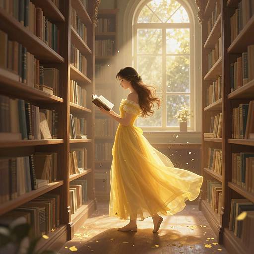 A sunlit library aisle, a woman in a flowing yellow dress reads a book, surrounded by tall wooden bookshelves, golden light filters through a
