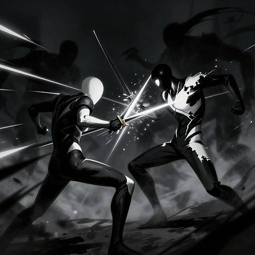 Dynamic black-and-white digital artwork of two shadowy, masked fighters clashing with bright, glowing swords amidst swirling smoke and light.