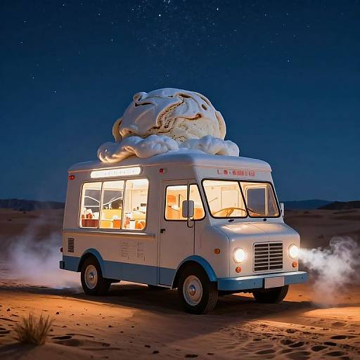 Photograph of a white food truck with a large, cloud-covered cargo, illuminated at night in a desert under a starry sky.