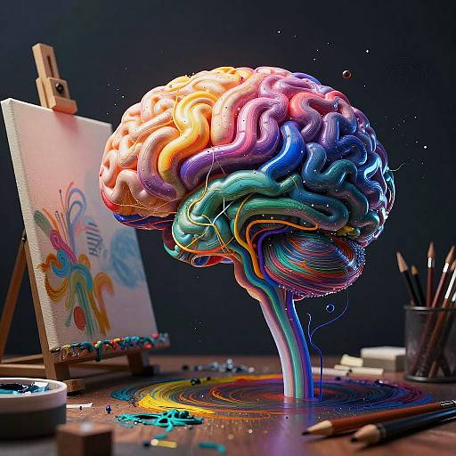 Hyper-realistic digital artwork of a colorful, glowing brain with vibrant swirls, standing on a wooden table with paintbrushes, palette, and an