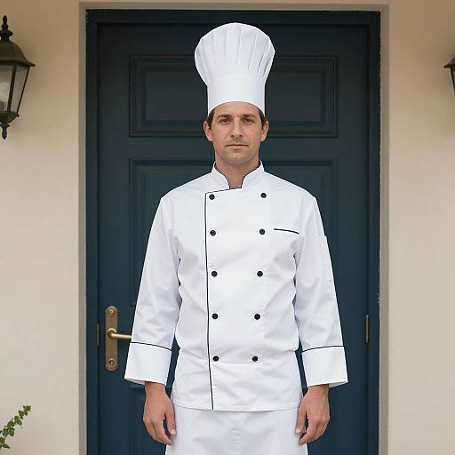 Photograph of a middle-aged male chef standing in front of a dark blue door, wearing a white double-breasted chef's jacket and tall hat,