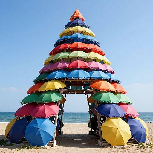 Photograph of a beach arch made from stacked, colorful umbrellas in red, blue, yellow, green, and more, with clear blue sky and