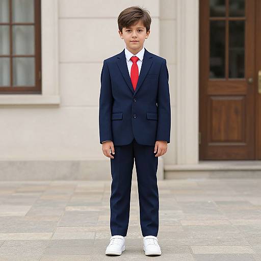 Photograph of a young boy with short brown hair, wearing a navy suit, white shirt, red tie, and white shoes, standing on a stone