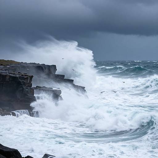 Photograph of stormy ocean waves crashing against dark, jagged rocks under a cloudy, thunderous sky with white foam and flying seagulls.