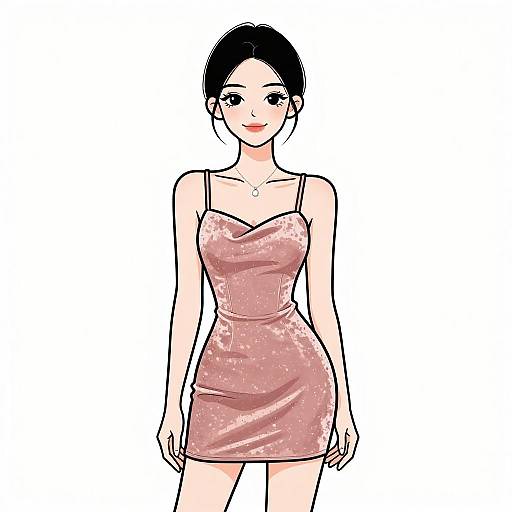 Digital illustration of a smiling woman with fair skin, black hair in a bun, wearing a sparkly pink, strapless, form-fitting dress.
