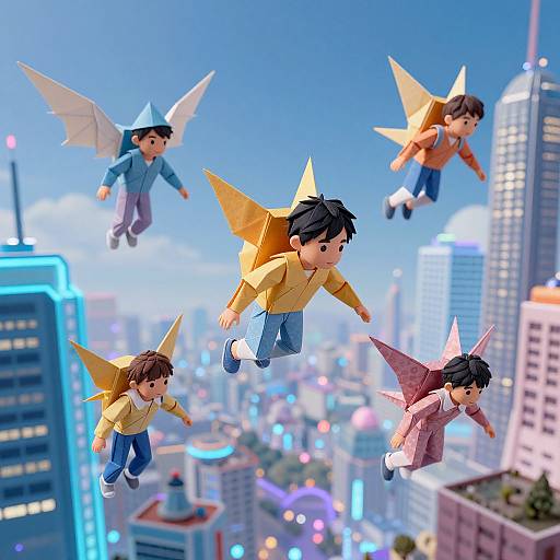 Digital illustration of four paper-cutout children with yellow and orange wings flying over a vibrant, neon-lit cityscape.