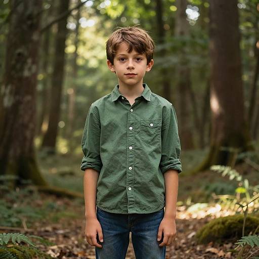 Photograph of a young boy with brown hair, wearing a green button-up shirt and blue jeans, standing in a sunlit forest.