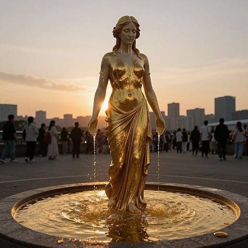 Photograph of a golden statue of a woman in a flowing dress standing in a water fountain at sunset, with a city skyline and silhouetted