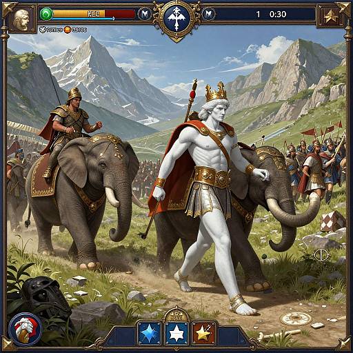 Digital artwork of a muscular, white-skinned king in a gold crown, red cape, and Greek-style armor, riding a large elephant amidst a mountain