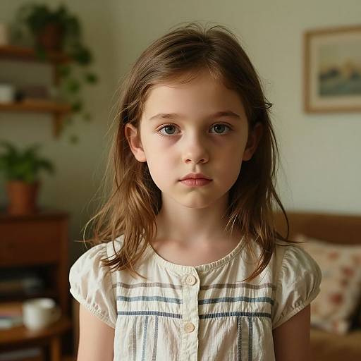 Photograph of a young girl with fair skin, brown hair, and blue eyes, wearing a cream dress with blue stripes, standing in a softly lit