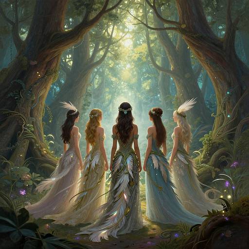 Digital fantasy art of four women with long hair, wearing feathered dresses, standing in a sunlit, enchanted forest, viewed from behind.