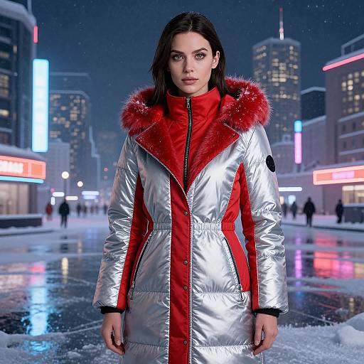 Photograph of a young woman with fair skin and dark hair, wearing a silver and red puffer coat with a fur hood, standing in a snowy