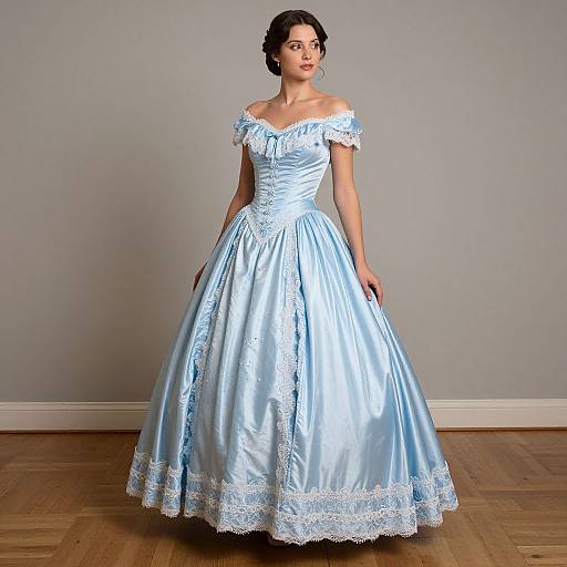Photograph of a woman in a light blue, off-shoulder, satin ball gown with white lace trim, standing against a gray wall on wooden