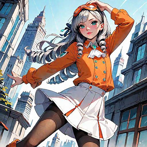 Anime Girl in Orange Outfit with Cityscape Background