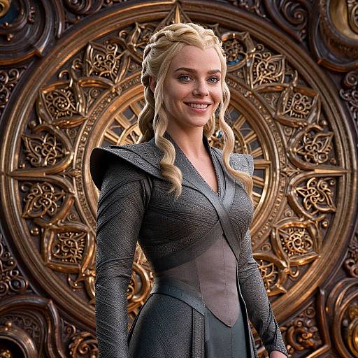 Digital CGI of a smiling blonde woman with braided hair, wearing a textured, dark grey medieval-style dress, standing in front of a detailed, orn
