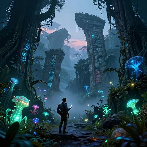 Digital artwork: Silhouetted figure with backpack stands before glowing, futuristic ruins surrounded by bioluminescent mushrooms and alien-like plants in a mist