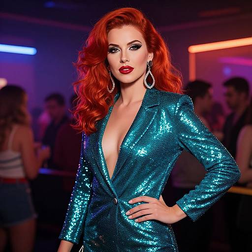 Photograph of a confident, red-haired woman with striking makeup, wearing a low-cut, sparkly blue sequin blazer, standing in a dim