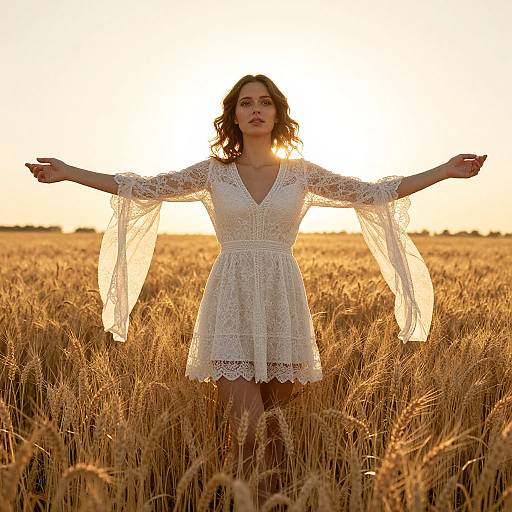 Photograph of a woman with wavy brown hair wearing a white lace dress, standing in a golden wheat field with arms outstretched at sunset.
